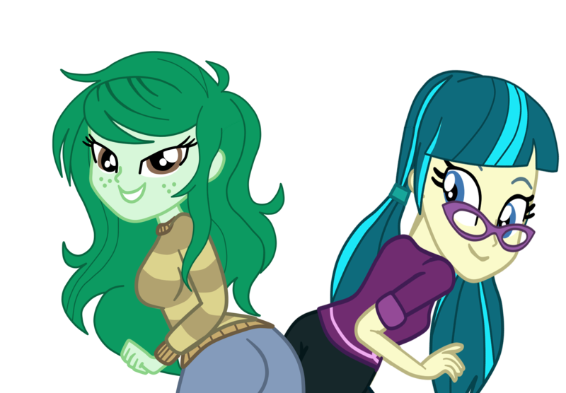 Size: 2000x1389 | Tagged: safe, artist:gmaplay, derpibooru import, edit, juniper montage, wallflower blush, equestria girls, breasts, butt bump, butt touch, female, image, juniblush, lesbian, png, shipping, simple background, transparent background