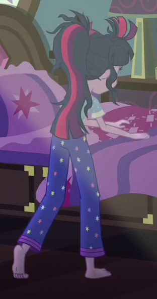 Size: 312x591 | Tagged: safe, derpibooru import, screencap, sci-twi, twilight sparkle, eqg summertime shorts, equestria girls, monday blues, barefoot, clothes, cropped, feet, image, pajamas, png, rear view