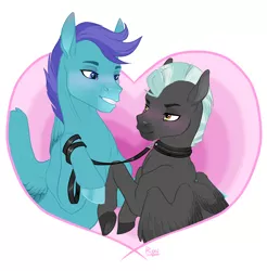 Size: 1456x1478 | Tagged: suggestive, artist:ravenie, derpibooru import, open skies, thunderlane, pegasus, pony, bdsm, bedroom eyes, blushing, collar, commission, gay, grin, heart, image, leash, looking at each other, male, maledom, males only, malesub, pet play, png, raised hoof, shipping, simple background, smiling, stallion, submissive, thunderskies, unshorn fetlocks, white background, ych result