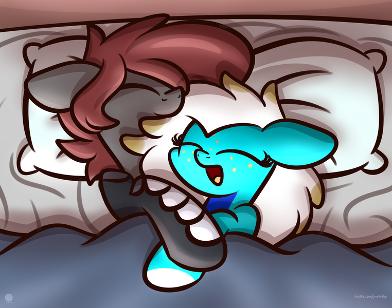 Size: 3250x2560 | Tagged: safe, artist:kimjoman, derpibooru import, oc, oc:artfulcord, oc:lollia, unofficial characters only, pegasus, pony, amputee, bed, commission, cuddling, cute, image, pegasus oc, pillow, png, prosthetic leg, prosthetic limb, prosthetics, shipping, sikan pegasus, snuggling, wings