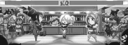 Size: 3820x1343 | Tagged: safe, artist:shonuff44, derpibooru import, aria blaze, equestria girls, angel (kof), chibi, grayscale, image, jpeg, juri han, monochrome