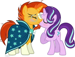 Size: 7000x5339 | Tagged: safe, artist:n0kkun, derpibooru import, starlight glimmer, sunburst, pony, unicorn, beard, clothes, duo, eyes closed, facial hair, female, glasses, image, kissing, male, mare, markings, png, raised hoof, robe, shipping, simple background, stallion, starburst, straight, sunburst's cloak, sunburst's glasses, transparent background, vector