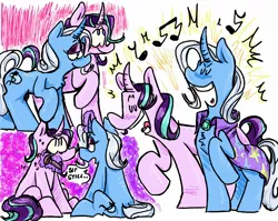 Size: 1950x1550 | Tagged: safe, artist:love2gruel, derpibooru import, starlight glimmer, trixie, pony, unicorn, female, image, jpeg, lesbian, music notes, shipping, startrix