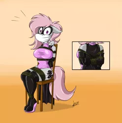 Size: 1485x1497 | Tagged: suggestive, artist:levvvar, derpibooru import, oc, oc:violet, unofficial characters only, anthro, plantigrade anthro, arm behind back, bondage, boots, bound and gagged, box tied, breasts, cape, clothes, cloth gag, evening gloves, female, gag, gloves, heroine, high heel boots, high heels, image, latex, latex gloves, leotard, long gloves, mask, otn gag, over the nose gag, png, shoes, superhero, thigh boots, tied to chair, tied up, wide eyes