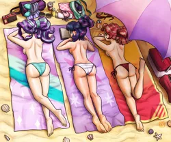 Size: 2700x2250 | Tagged: suggestive, artist:king-kakapo, derpibooru import, starlight glimmer, sunset shimmer, twilight sparkle, human, alternate hairstyle, ass, barefoot, beach, beach babe, beach towel, beach umbrella, bikini, bikini babe, bikini bottom, book, breasts, bunset shimmer, butt, clothes, commission, eyes closed, feet, female, glimmer glutes, hair bun, humanized, image, lying down, overhead view, partial nudity, png, prone, radio, reading, sunbathing, sunglasses, swimsuit, topless, towel, trio, trio female, twibutt, umbrella