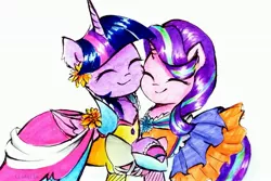 Size: 3483x2322 | Tagged: safe, artist:liaaqila, derpibooru import, starlight glimmer, twilight sparkle, twilight sparkle (alicorn), alicorn, pony, unicorn, clothes, commission, cute, dress, duo, eyes closed, female, flower, flower in hair, glimmerbetes, holding hooves, image, jpeg, mare, marker drawing, simple background, smiling, traditional art, twiabetes, white background