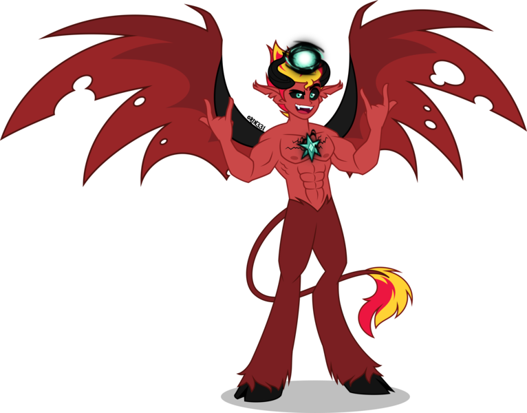 Size: 4000x3132 | Tagged: safe, artist:orin331, derpibooru import, sunset shimmer, demon, satyr, equestria girls, equestria girls (movie), abs, corrupted, devil horn (gesture), element of magic, equestria guys, evil, evil grin, grin, image, magic, male, muscles, muscular male, png, rule 63, sharp teeth, simple background, smiling, solo, sunset glare, sunset lucifer, sunset satan, teeth, transparent background, wings
