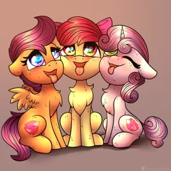 Size: 3000x3000 | Tagged: safe, artist:cornelia_nelson, derpibooru import, apple bloom, scootaloo, sweetie belle, earth pony, pegasus, pony, unicorn, adorabloom, behaving like a dog, chest fluff, cute, cutealoo, cutie mark crusaders, diasweetes, female, filly, image, implied oral, looking up, png, tongue out