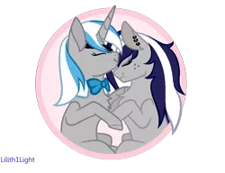 Size: 824x632 | Tagged: safe, artist:jelisicli, derpibooru import, oc, oc:sekr gray, oc:starlit nightcast, unicorn, bowtie, commission, couple, ear piercing, earring, eyepatch, forehead kiss, freckles, image, jewelry, kissing, piercing, png, sekrast, shipping, signature, simple background, snaggletooth, transparent background, ych result