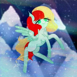 Size: 800x800 | Tagged: safe, artist:nel_liddell, derpibooru import, oc, unofficial characters only, pegasus, pony, aurora borealis, chest fluff, eyelashes, flying, image, jpeg, mountain, night, outdoors, pegasus oc, signature, snow, solo, wings