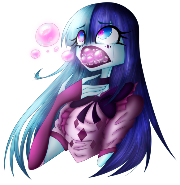 Size: 2893x2985 | Tagged: semi-grimdark, artist:mywasasi, derpibooru import, sonata dusk, equestria girls, bowtie, choker, crying, image, inverted eyes, lipstick, music notes, png, simple background, singing, soap, soap bubble, solo, transparent background