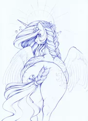 Size: 1224x1693 | Tagged: safe, artist:longinius, derpibooru import, princess celestia, alicorn, pony, alternate hairstyle, braid, braided tail, butt, female, flower, flower in hair, halo, image, looking at you, mare, monochrome, plot, png, ribbon, solo, sunbutt, traditional art, wide hips