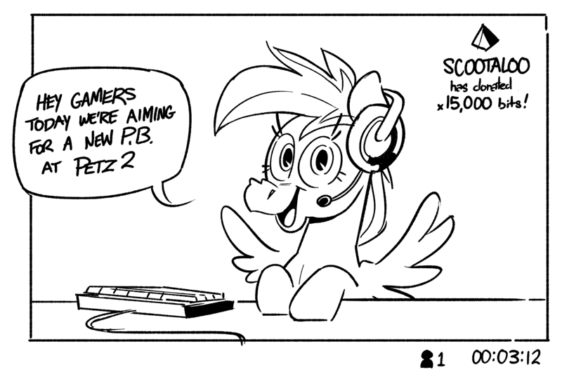 Size: 2504x1690 | Tagged: safe, artist:kylesmeallie, derpibooru import, rainbow dash, pegasus, pony, computer, dialogue, gamer, headset, image, implied scootaloo, keyboard, looking at you, offscreen character, png, smiling, solo