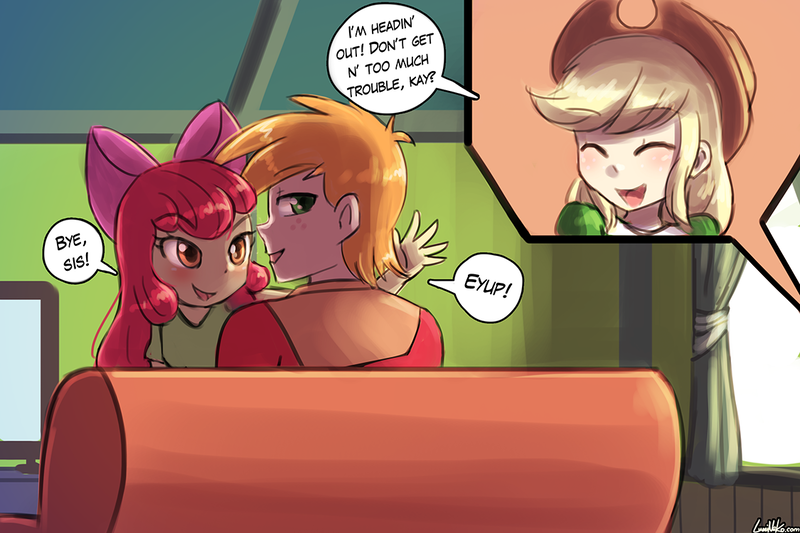 Size: 1125x750 | Tagged: dead source, safe, artist:lumineko, derpibooru import, apple bloom, applejack, big macintosh, equestria girls, applecest, blushing, brother and sister, eyes closed, female, image, incest, looking at you, looking back, looking back at you, macbloom, male, png, shipping, siblings, sitting, speech bubble, straight, suspicious, television, waving, window