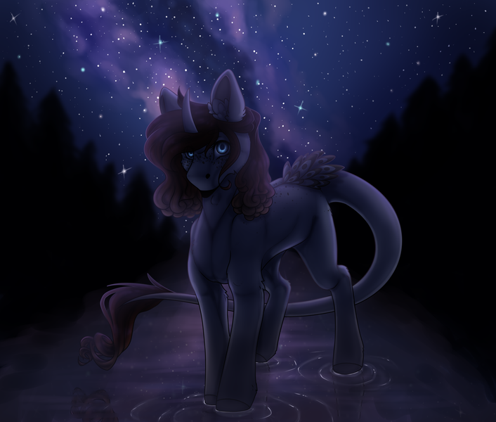 Size: 2352x2000 | Tagged: safe, artist:leawarriors, derpibooru import, oc, unofficial characters only, pony, unicorn, art trade, forest, image, night, png, reflection, river, solo, space, stars, tree, water