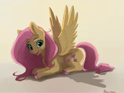 Size: 3312x2484 | Tagged: safe, artist:miokomata, derpibooru import, fluttershy, pegasus, pony, colored hooves, cute, freckles, freckleshy, frog (hoof), gradient background, image, jpeg, looking at you, lying down, miokomata is trying to murder us, open mouth, prone, shyabetes, solo, spread wings, underhoof, weapons-grade cute, wings
