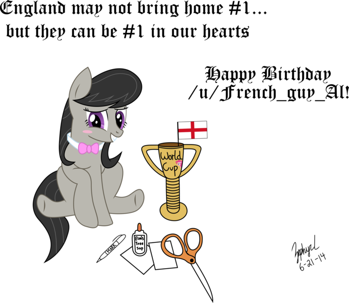 Size: 2631x2280 | Tagged: safe, alternate version, artist:dash-o-salt, derpibooru import, octavia melody, earth pony, bashful, blushing, england, flag, football, glue, image, paper, pen, png, scissors, simple background, smiling, solo, sports, text, transparent background, trophy, world cup