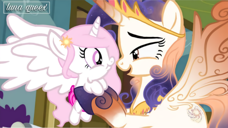 Size: 1920x1080 | Tagged: safe, artist:luna.queex, derpibooru import, edit, edited screencap, screencap, princess celestia, oc, oc:queen galaxia, alicorn, pony, a flurry of emotions, baby, baby pony, duo, ethereal mane, eyelashes, female, filly, holding a pony, image, indoors, jewelry, like mother like daughter, like parent like child, mare, mother and child, mother and daughter, open mouth, peytral, pink-mane celestia, png, smiling, starry mane, tiara, young, young celestia, younger