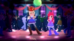 Size: 3410x1920 | Tagged: safe, derpibooru import, screencap, apple bloom, applejack, eqg summertime shorts, equestria girls, raise this roof, adorabloom, apple bloom's bow, bare shoulders, boots, bow, clothes, cowboy hat, cute, dancing, dress, fall formal outfits, hair bow, hands on hip, hat, image, jackabetes, jpeg, looking at each other, shoes, sleeveless, smiling, strapless