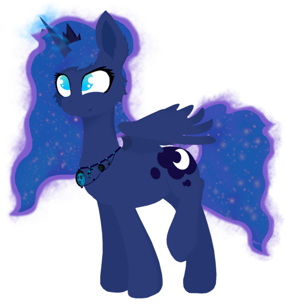 Size: 3108x3300 | Tagged: source needed, safe, artist:kotwitz, derpibooru import, princess luna, alicorn, pony, alternate design, collar, crown, cutie mark, ethereal mane, happy birthday mlp:fim, image, jewelry, magic, mlp fim's tenth anniversary, png, raised hoof, regalia, simple background, solo, spread wings, transparent background, wings