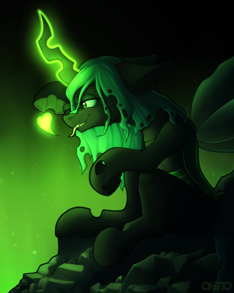 Size: 1600x2000 | Tagged: safe, artist:ohemo, derpibooru import, queen chrysalis, changeling, changeling queen, female, floating heart, glowing horn, heart, horn, image, png, sitting, solo
