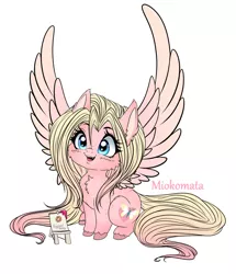 Size: 1566x1818 | Tagged: safe, artist:tawnysweet, artist:tawnysweetarts, derpibooru import, oc, oc:mio, unofficial characters only, pegasus, pony, cheek fluff, chest fluff, chibi, cute, female, freckles, image, jpeg, large wings, mare, simple background, solo, spread wings, unshorn fetlocks, white background, wings