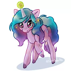 Size: 2339x2339 | Tagged: safe, artist:superduperath, derpibooru import, izzy moonbow, pony, unicorn, ball, blushing, bracelet, cute, female, g5, high res, horn, horn guard, horn impalement, hornball, image, izzy's tennis ball, izzybetes, jewelry, jpeg, mare, raised hoof, signature, simple background, solo, tennis ball, unshorn fetlocks, white background