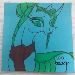 Size: 1080x1080 | Tagged: safe, artist:stargazerseven, derpibooru import, queen chrysalis, changedling, changeling, bust, changedling queen, clothes, female, frown, image, jpeg, purified chrysalis, scarf, solo, traditional art