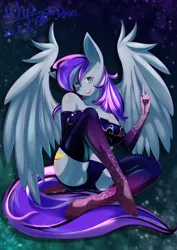 Size: 1771x2508 | Tagged: safe, alternate version, artist:ero-bee, derpibooru import, oc, unofficial characters only, anthro, pegasus, unguligrade anthro, clothes, evening gloves, eyelashes, gloves, image, jpeg, latex, latex gloves, latex socks, latex suit, long gloves, pegasus oc, signature, sitting, smiling, socks, solo, wings