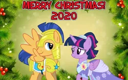 Size: 2064x1289 | Tagged: safe, anonymous artist, derpibooru import, flash sentry, twilight sparkle, twilight sparkle (alicorn), alicorn, pony, the last problem, armor, christmas, clothes, coronation dress, dress, female, flashlight, happy hearth's warming, have yourself a merry little christmas, hearth's warming, holiday, hope, image, looking at each other, lyrics in the description, male, merry christmas, png, royal guard armor, second coronation dress, shipping, smiling, straight, youtube link, youtube link in the description