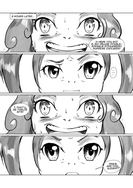 Size: 4961x7016 | Tagged: questionable, artist:bakuhaku, derpibooru import, pacific glow, pinkie pie, anthro, comic:bun in the oven, comic:friendship is dirty, awkward, awkward smile, comic, image, nervous, panic, png, smiling