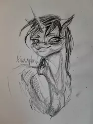 Size: 1062x1416 | Tagged: safe, artist:kiwwsplash, derpibooru import, oc, unofficial characters only, pony, unicorn, blushing, bust, grayscale, horn, image, jpeg, monochrome, signature, smiling, solo, traditional art, unicorn oc