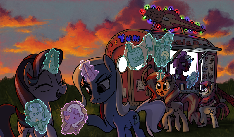 Size: 2912x1714 | Tagged: safe, artist:docwario, derpibooru import, fizzlepop berrytwist, moondancer, starlight glimmer, sunset shimmer, tempest shadow, trixie, pony, unicorn, broken horn, christmas, christmas lights, cloud, eyes closed, food, glasses, glowing horn, grass, holiday, horn, ice cream, image, levitation, magic, open mouth, png, raised hoof, reformed unicorn meeting, sky, sunset, telekinesis