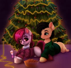 Size: 4072x3897 | Tagged: safe, artist:vetta, derpibooru import, oc, oc:judge, oc:vetta, unofficial characters only, earth pony, pony, unicorn, alcohol, blank flank, bowl, carpet, champagne, christmas, christmas lights, christmas tree, clothes, couple, earth pony oc, female, fruit, holiday, horn, image, looking at each other, looking at you, lying down, magic, male, mare, new years eve, png, ponytail, prone, smiling, socks, stallion, sweater, tangerine, telekinesis, tree, unicorn oc, wine