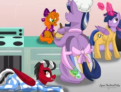 Size: 1280x974 | Tagged: suggestive, artist:lynnthenerdkitty, derpibooru import, twilight sparkle, twilight sparkle (alicorn), oc, oc:paddy sparkle, oc:peach blossom, oc:shatter misty cloud, ponified, alicorn, pegasus, pony, unicorn, :t, adult foal, apron, baking, batter, candy, clothes, commission, diaper, diaper fetish, eyes closed, fetish, food, footed sleeper, footie pajamas, image, implied flash sentry, kitchen, levitation, lying down, magic, mouth hold, onesie, oven, pajamas, png, poofy diaper, prone, rp story by lynn, shatter (transformers), smiling, telekinesis, transformers