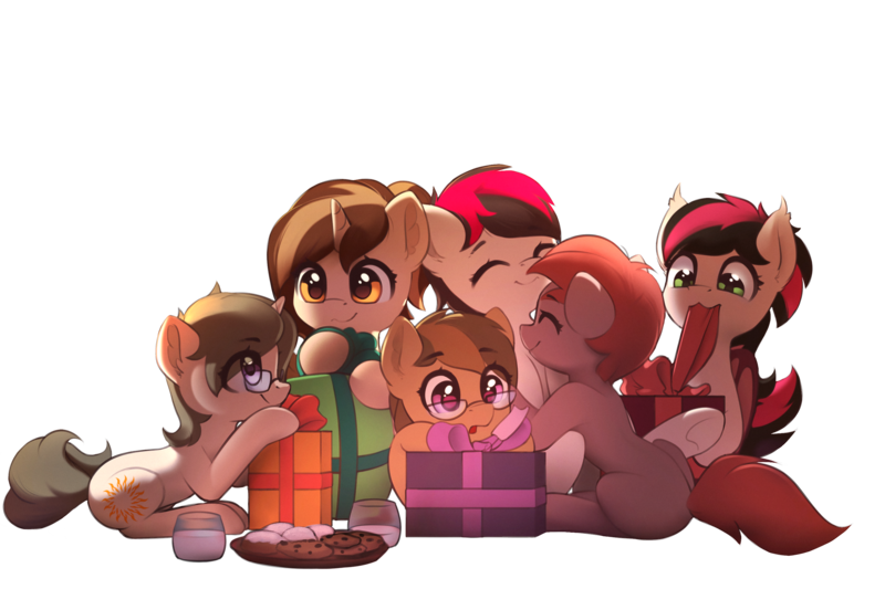 Size: 3000x2000 | Tagged: safe, artist:freeedon, derpibooru import, oc, oc:allegro dolce, oc:dawnsong, oc:neris, oc:redwood, oc:siren, oc:solaria, unofficial characters only, bat pony, earth pony, pony, unicorn, christmas, cuddling, eye clipping through hair, eyes closed, female, glasses, group, holiday, hug, image, mare, mouth hold, open mouth, png, present, simple background, smiling, transparent background