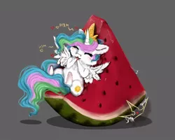 Size: 796x636 | Tagged: safe, artist:martazap3, derpibooru import, princess celestia, alicorn, pony, chibi, cute, cutelestia, eating, female, fluffy, food, gray background, image, jpeg, simple background, solo, tiny, tiny ponies, watermelon