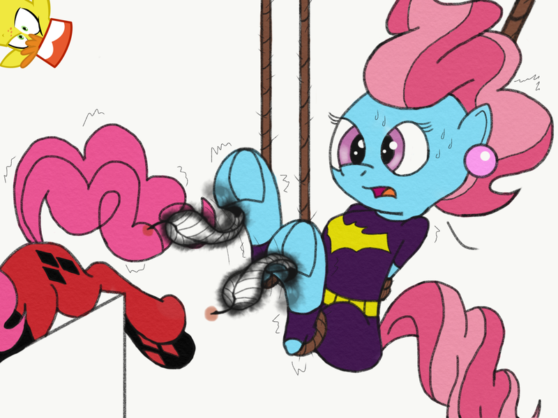 Size: 1280x960 | Tagged: suggestive, artist:darkknighthoof, derpibooru import, carrot cake, cup cake, pinkie pie, earth pony, pony, arm behind back, batgirl, batman, bdsm, belt, bondage, box, carrot cup, clothes, cosplay, costume, dc comics, ear piercing, earring, erotic tickling, feather, female, femdom, femsub, fetish, frog (hoof), harley quinn, hat, hoof fetish, hoof tickling, image, jewelry, male, mare, nervous, open mouth, outfit, piercing, pinkie quinn, png, rope, rope bondage, shipping, simple background, spandex, stallion, straight, submissive, suspended, sweat, sweatdrop, sweatdrops, the cakes, tickle fetish, tickle torture, tickling, underhoof, white background