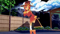 Size: 1280x720 | Tagged: safe, artist:legions20, derpibooru import, sunset shimmer, equestria girls, cape, clothes, cosplay, costume, cute, halloween, holiday, image, konosuba, megumin, png, smiling, socks, thigh highs, zettai ryouiki