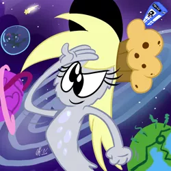 Size: 900x900 | Tagged: safe, artist:spongefox, derpibooru import, derpy hooves, doctor whooves, time turner, alien, earth pony, pegasus, pony, crossover, doctor who, earth, image, milky way galaxy, muffin hat, png, salute, shocked, shooting star, space, sylvia, tardis, the doctor, wander (wander over yonder), wander over yonder, zbornak