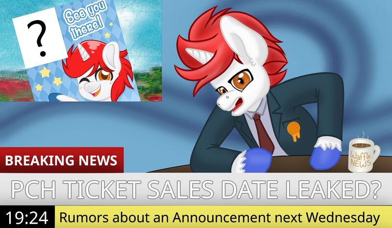 Size: 1920x1118 | Tagged: safe, derpibooru import, oc, oc:stroopwafeltje, oc:waffles, pony, unicorn, breaking news, clothes, coffee mug, image, jpeg, male, mascot, mug, ponycon holland, solo, stallion, text