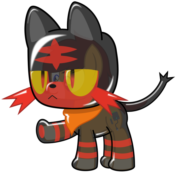 Size: 1628x1600 | Tagged: safe, artist:sny-por, derpibooru import, oc, oc:bamboo tablet, oc:baumbs, unofficial characters only, litten, pony, clothes, costume, image, inflatable, inflatable suit, male, png, pokémon, pokémon sun and moon, simple background, solo, transparent background