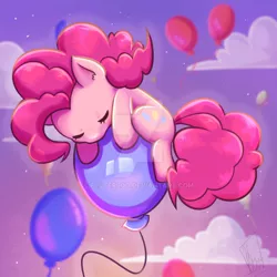 Size: 1280x1280 | Tagged: safe, artist:fluterloo, derpibooru import, pinkie pie, earth pony, pony, balloon, chibi, cloud, cute, deviantart watermark, diapinkes, ear fluff, ears, engrish in the description, eyes closed, female, floating, image, mare, obtrusive watermark, png, ponk, sky, sleeping, solo, then watch her balloons lift her up to the sky, watermark