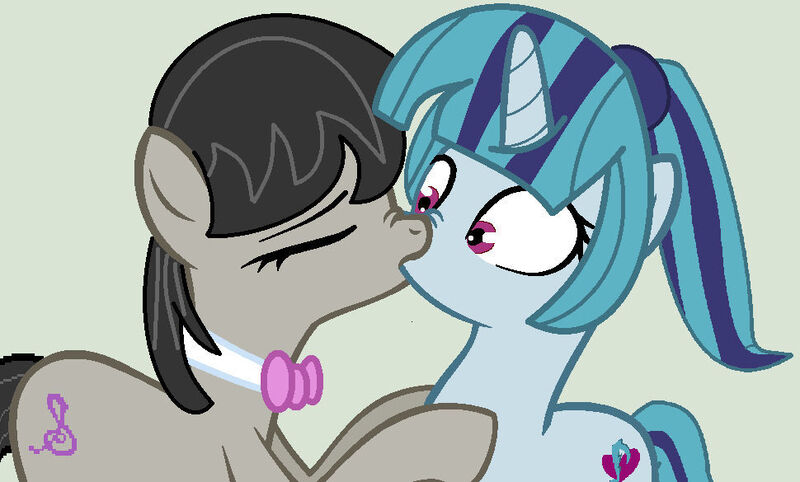 Size: 970x585 | Tagged: safe, artist:jadethepegasus, derpibooru import, octavia melody, sonata dusk, ponified, earth pony, pony, unicorn, base used, female, image, jpeg, kissing, lesbian, shipping, sontavia, surprised