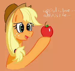 Size: 1080x1013 | Tagged: safe, anonymous artist, derpibooru import, applejack, earth pony, pony, apple, appul, dialogue, drawthread, food, image, png, requested art, simple background, solo