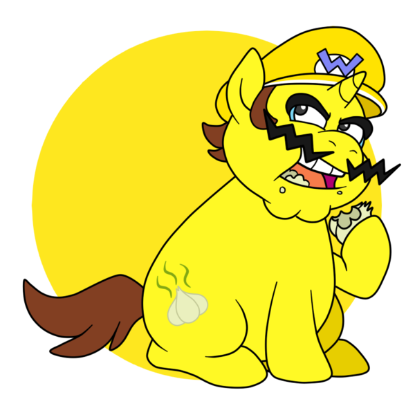 Size: 800x800 | Tagged: safe, artist:perfectpinkwater, derpibooru import, ponified, pony, unicorn, abstract background, cap, crossover, cutie mark, eating, garlic, hat, image, looking up, nintendo, png, super mario bros., super smash bros., wario, wario's hat