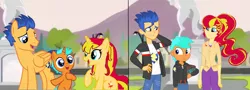 Size: 1280x462 | Tagged: safe, artist:sweetpeasnuzzle, derpibooru import, flash sentry, sunset shimmer, pony, equestria girls, family, female, flashimmer, image, jpeg, male, offspring, parent:flash sentry, parent:sunset shimmer, parents:flashimmer, shipping, show accurate, straight