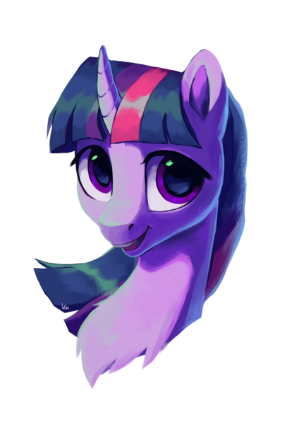 Size: 2480x3508 | Tagged: safe, artist:loonya, derpibooru import, twilight sparkle, pony, unicorn, bust, chest fluff, curved horn, horn, image, looking at you, png, portrait, simple background, smiling, smiling at you, solo, transparent background