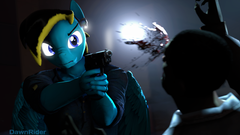 Size: 3840x2160 | Tagged: semi-grimdark, artist:dawnyr, artist:dawnyrs, derpibooru import, oc, oc:dawnrider, anthro, pegasus, undead, zombie, 3d, blood, gun, handgun, image, night, pistol, png, solo, source filmmaker, weapon