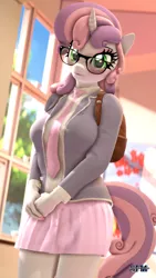 Size: 1080x1920 | Tagged: safe, artist:anthroponiessfm, derpibooru import, sweetie belle, anthro, unicorn, 3d, backpack, blushing, breasts, busty sweetie belle, clothes, cute, daaaaaaaaaaaw, diasweetes, female, glasses, image, meganekko, older, older sweetie belle, png, school, school uniform, schoolgirl, sfm pony, skirt, source filmmaker